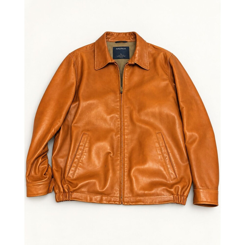 Nautica Genuine Leather Zip Jacket L Cognac Brown Collared